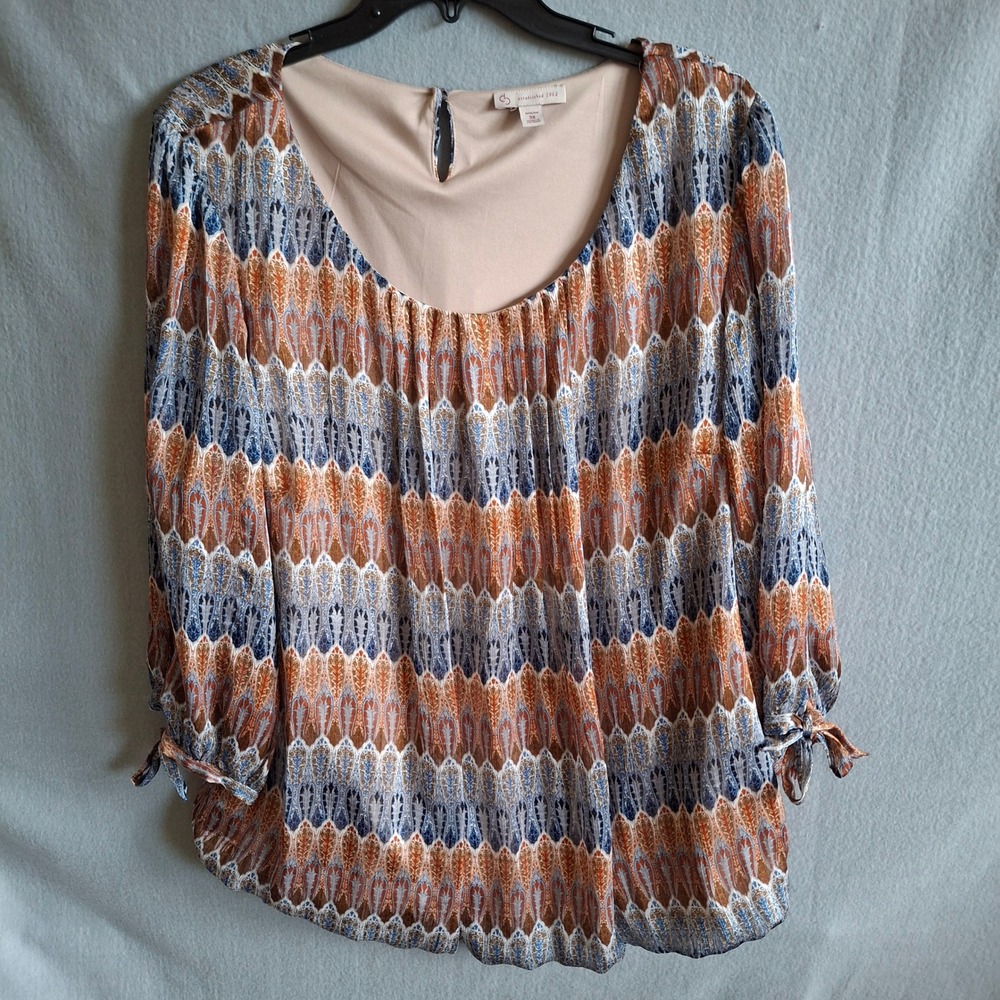 CJ Banks Womens 3X Blouse Blue Orange Geometric Print Tie Sleeve Keyhole Top